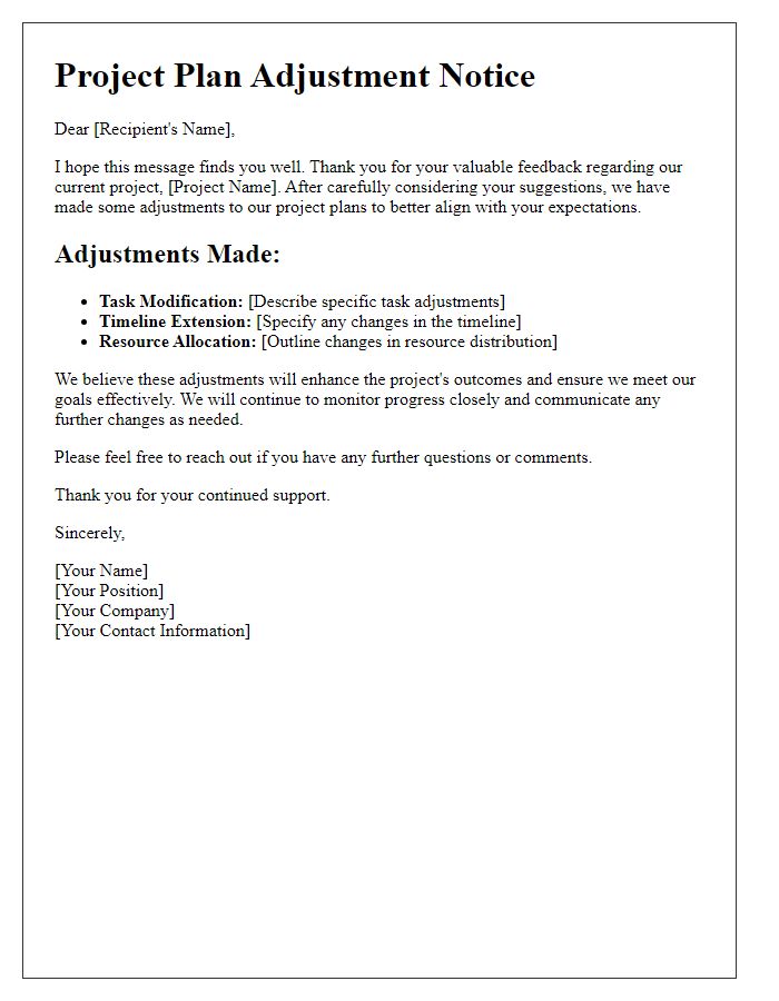 Letter template of adjusting project plans based on feedback