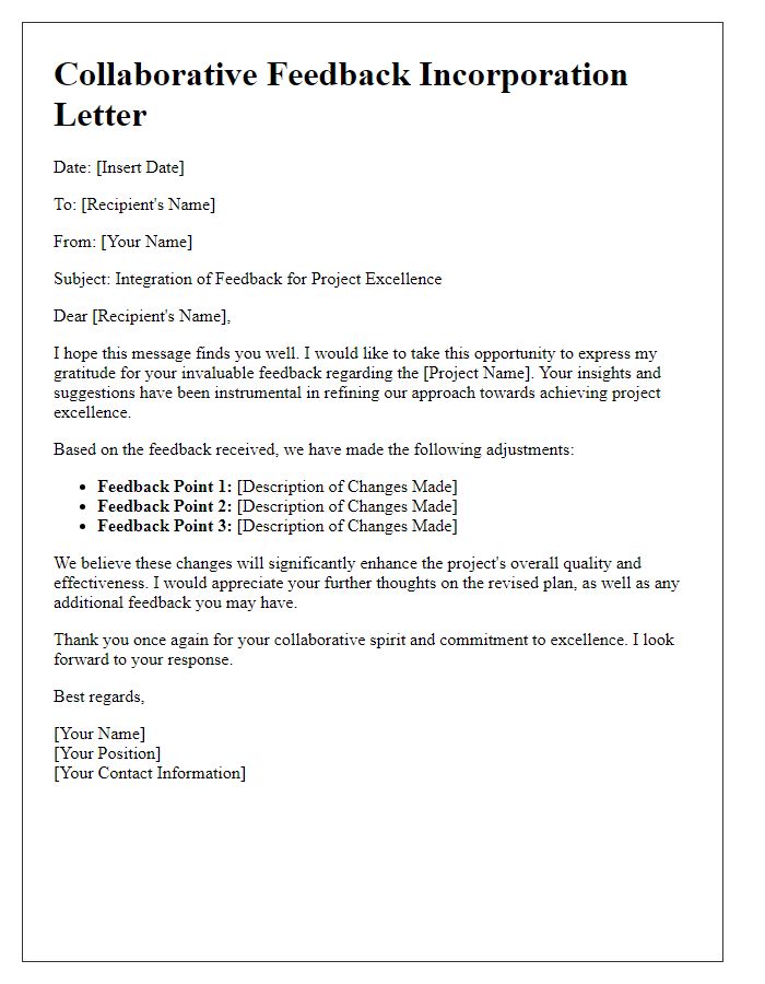 Letter template of collaborative feedback incorporation for project excellence