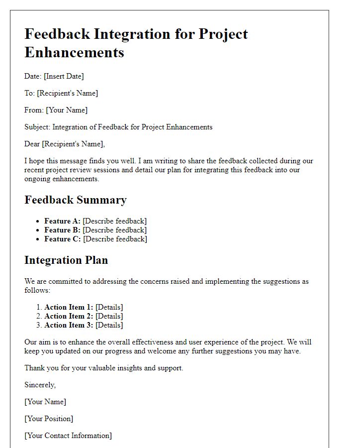 Letter template of feedback integration for project enhancements