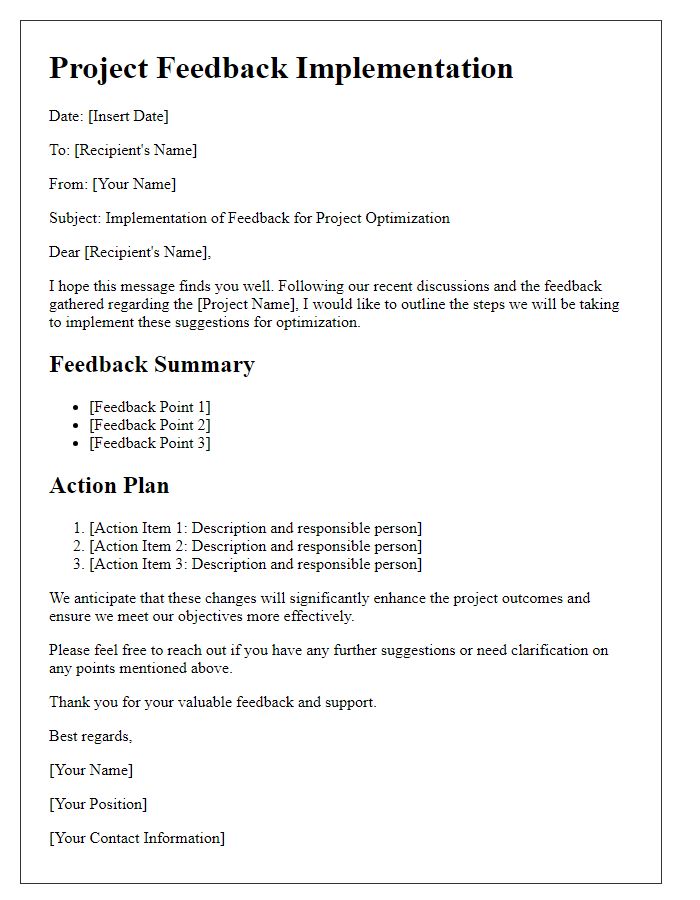 Letter template of implementing feedback for project optimization