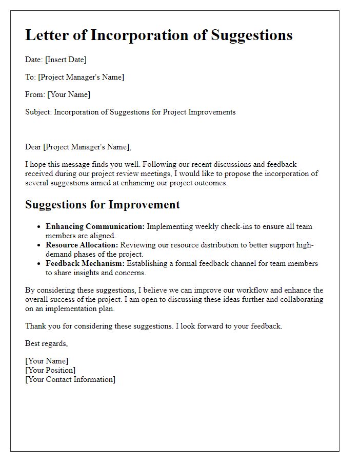 Letter template of incorporating suggestions for project improvements