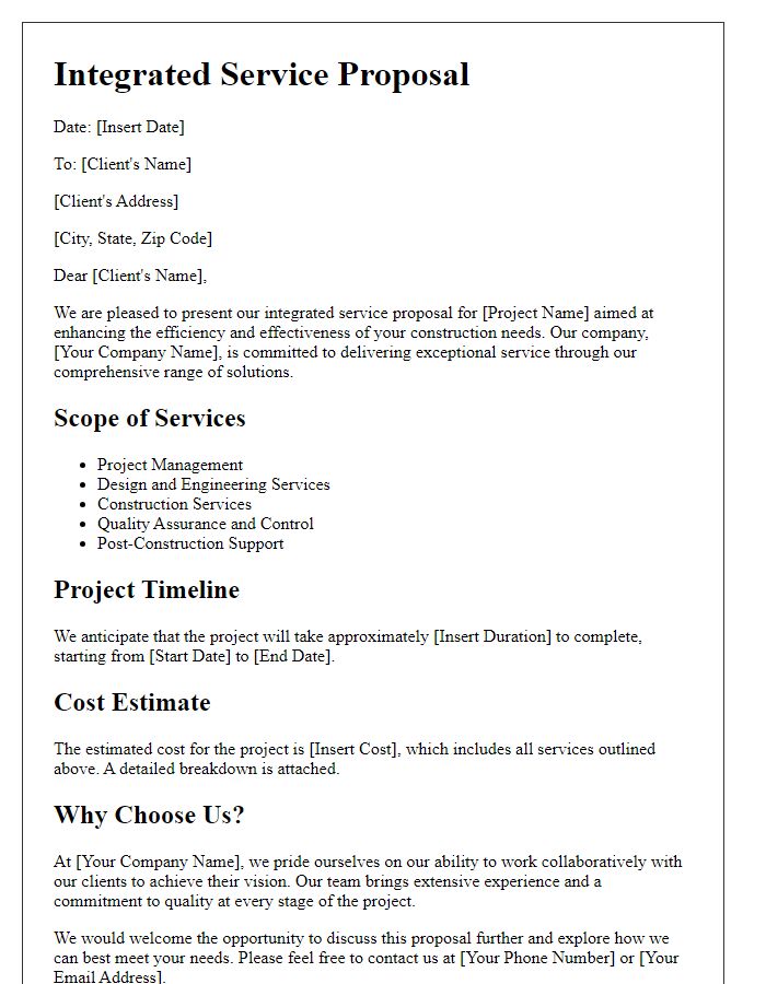 Letter template of integrated service proposal for construction companies.