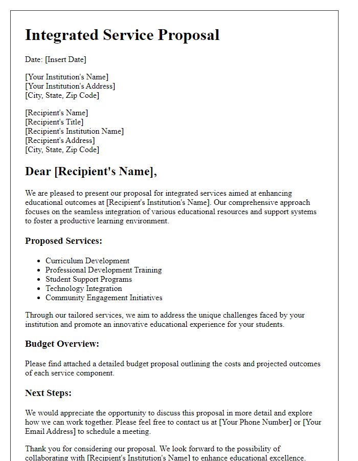 Letter template of integrated service proposal for educational institutions.