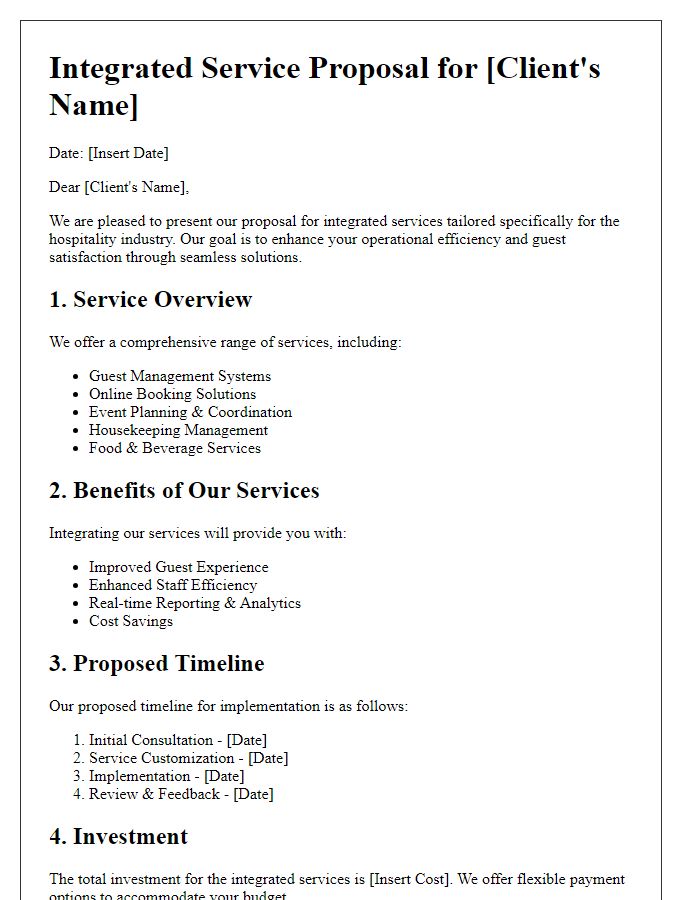 Letter template of integrated service proposal for hospitality industry.