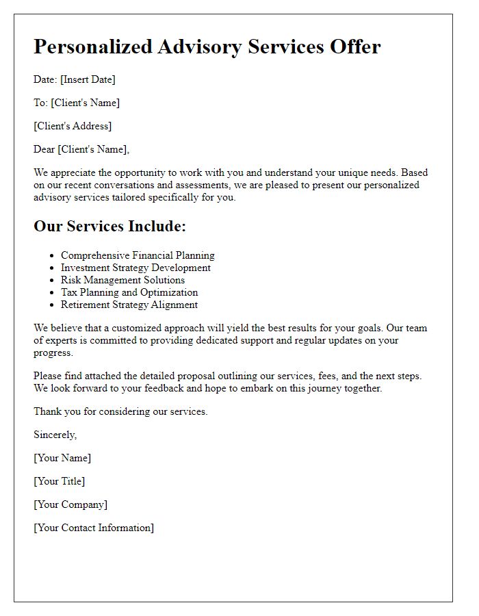 Letter template of personalized advisory services offer for client needs