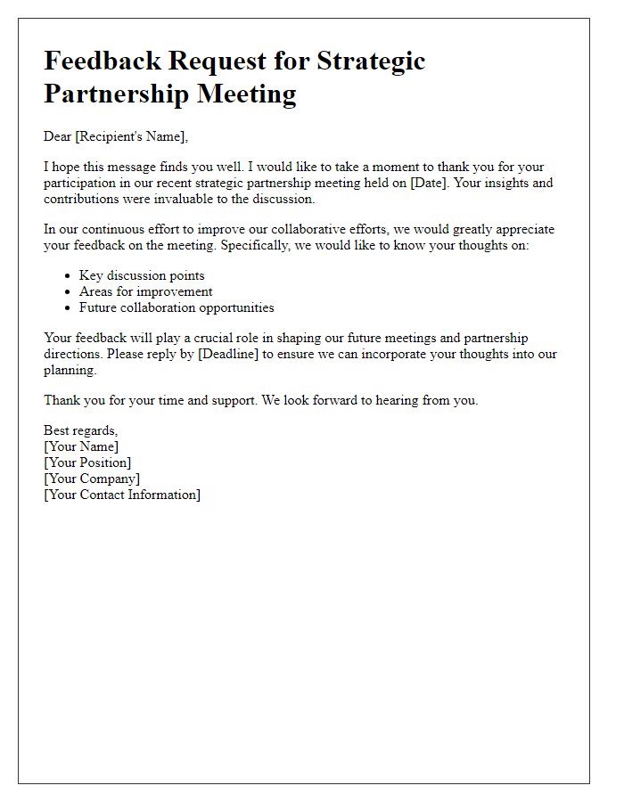 Letter template of feedback request for strategic partnership meeting