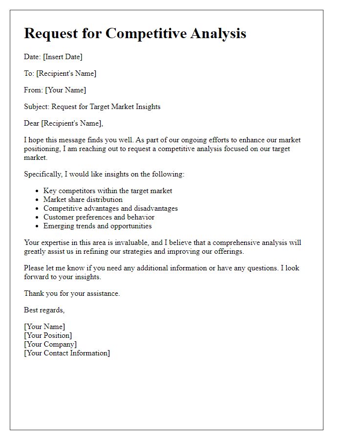 Letter template of competitive analysis request for target market insights.