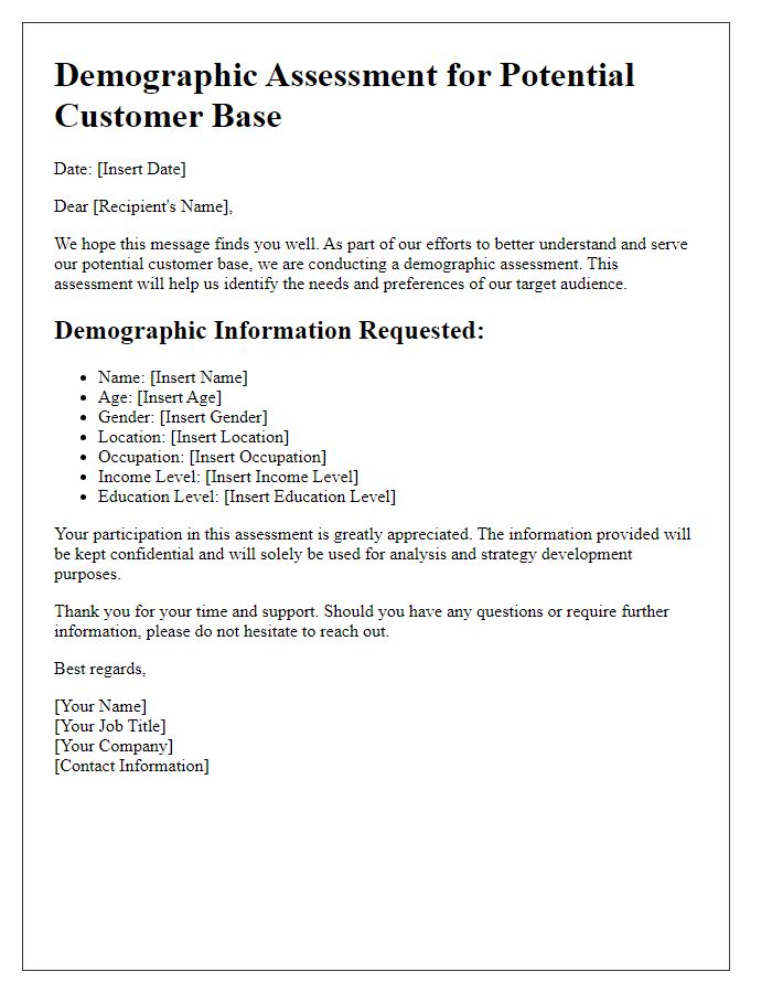 Letter template of demographic assessment for potential customer base.