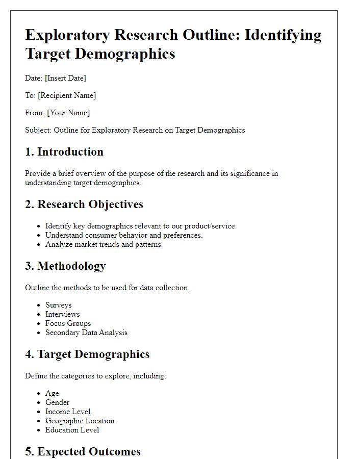 Letter template of exploratory research outline for identifying target demographics.