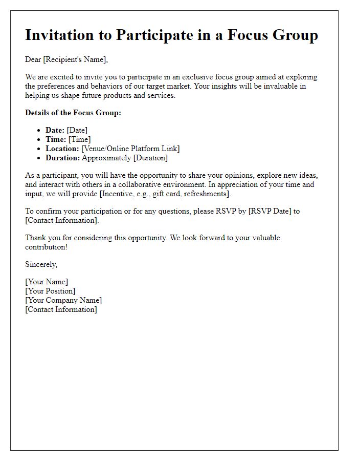 Letter template of focus group invitation for in-depth target market exploration.