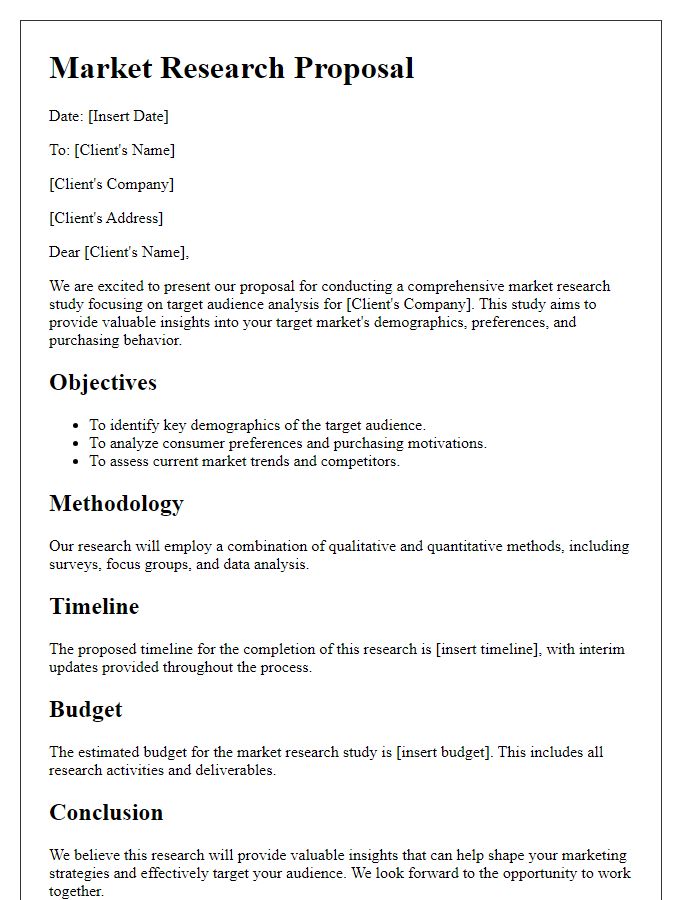 Letter template of market research proposal for target audience analysis.