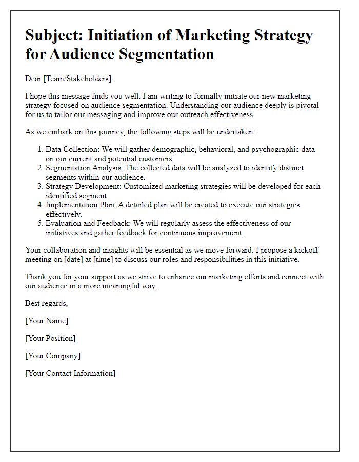 Letter template of marketing strategy initiation for audience segmentation.