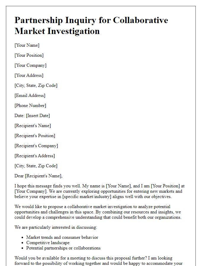 Letter template of partnership inquiry for collaborative market investigation.