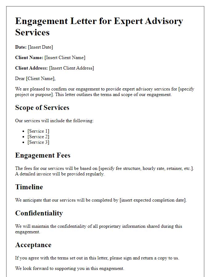 Letter template of expert advisory services engagement