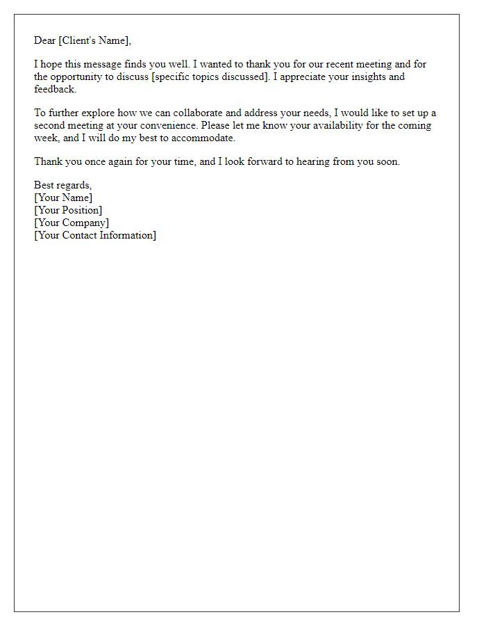 Letter template of follow-up to set up a second meeting with potential client