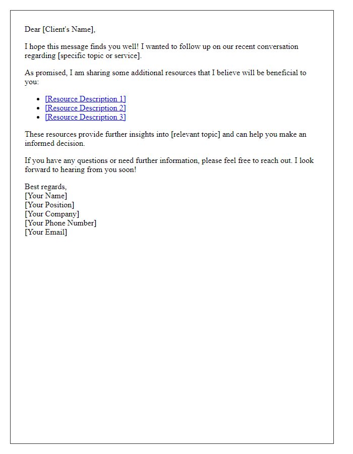 Letter template of follow-up to share additional resources with potential client