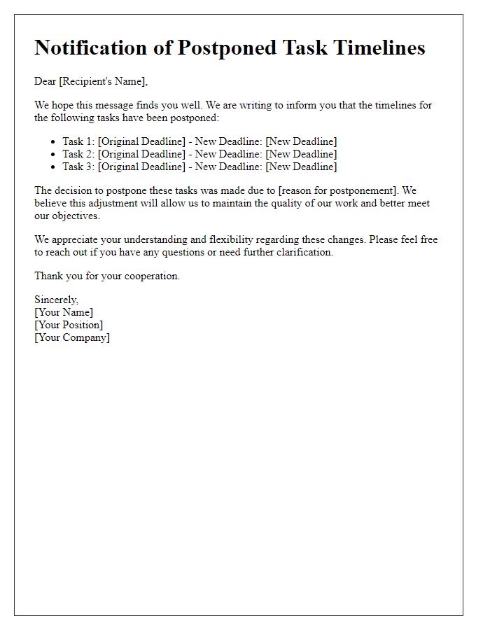 Letter template of postponed task timelines