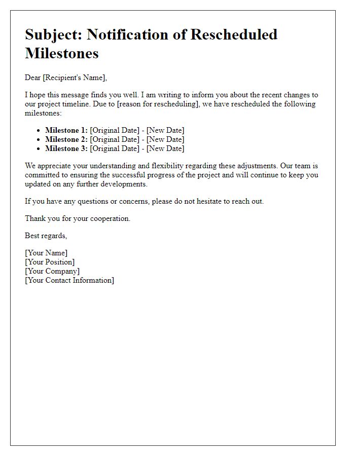 Letter template of rescheduled milestones