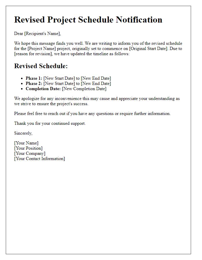Letter template of revised project schedule