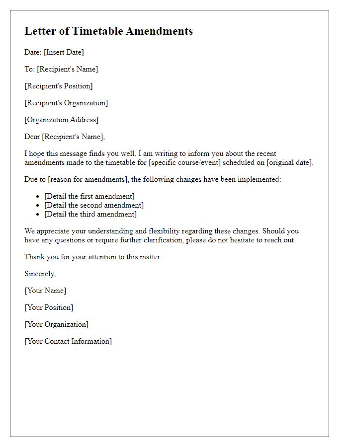 Letter template of timetable amendments