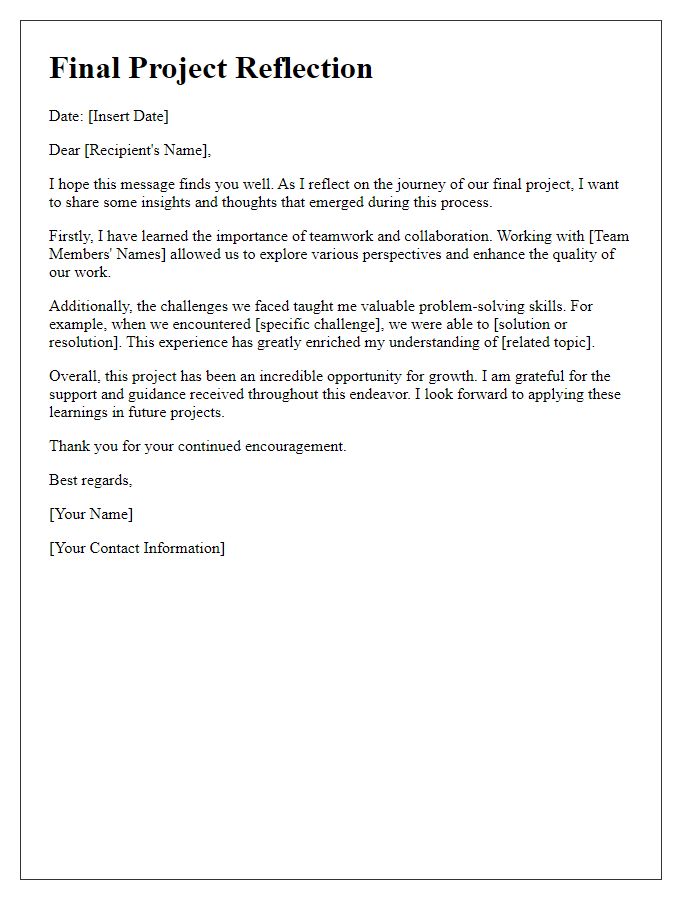 Letter template of final project reflections