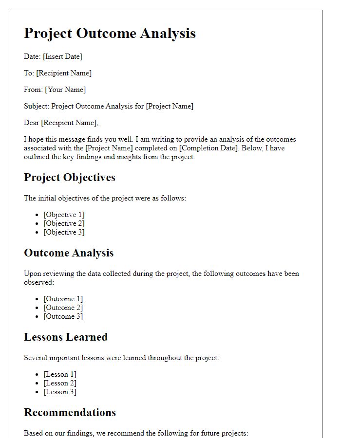 Letter template of project outcome analysis