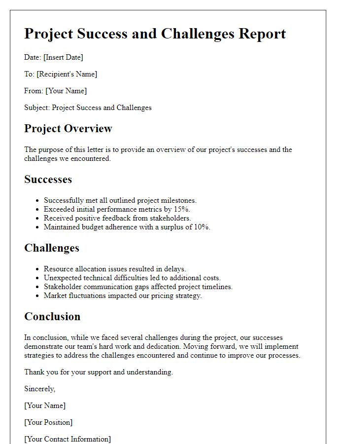 Letter template of project success and challenges