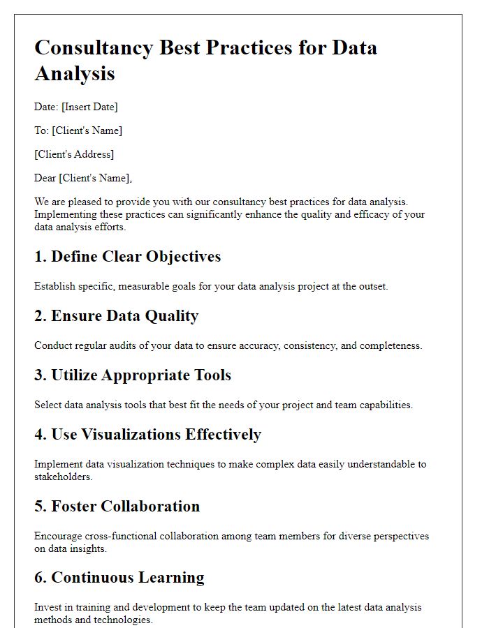 Letter template of consultancy best practices for data analysis