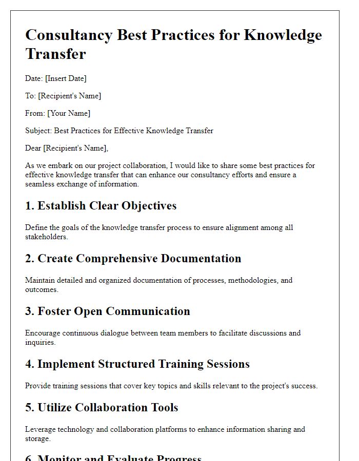 Letter template of consultancy best practices for knowledge transfer