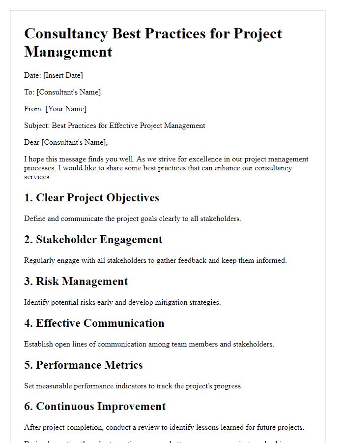 Letter template of consultancy best practices for project management