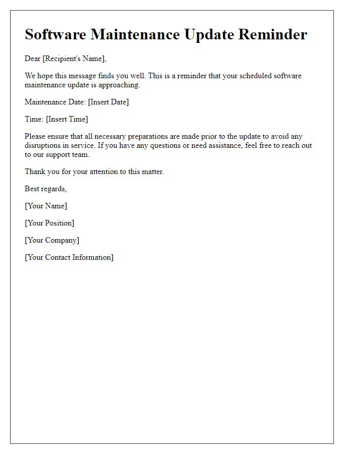 Letter template of Software Maintenance Update Reminder