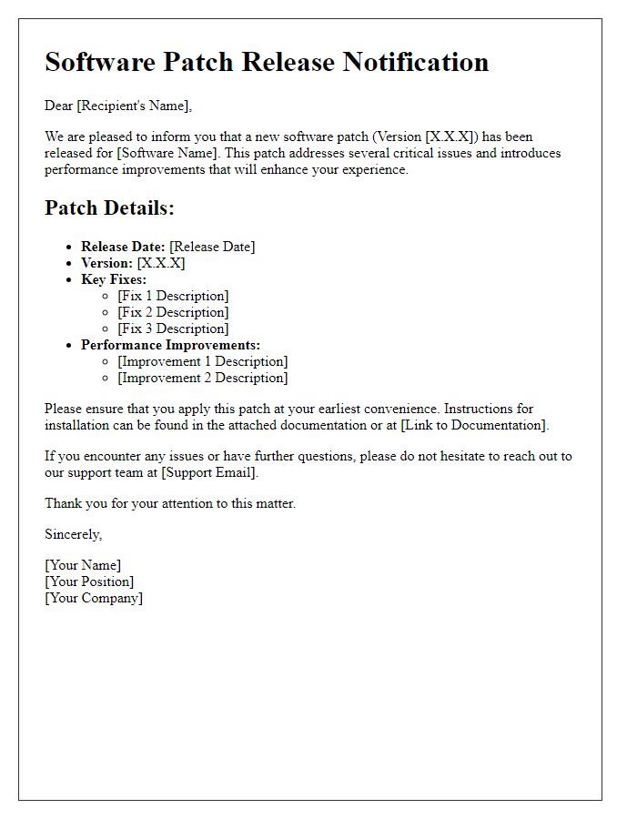 Letter template of Software Patch Release Notification