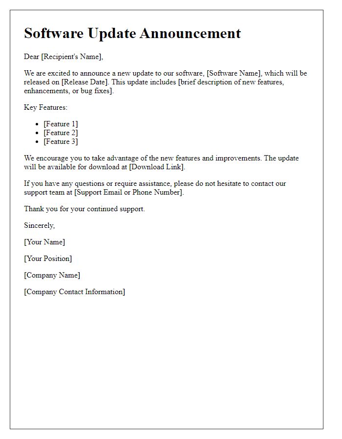 Letter template of Software Update Announcement