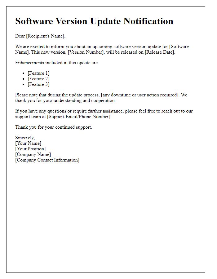Letter template of Software Version Update Communication