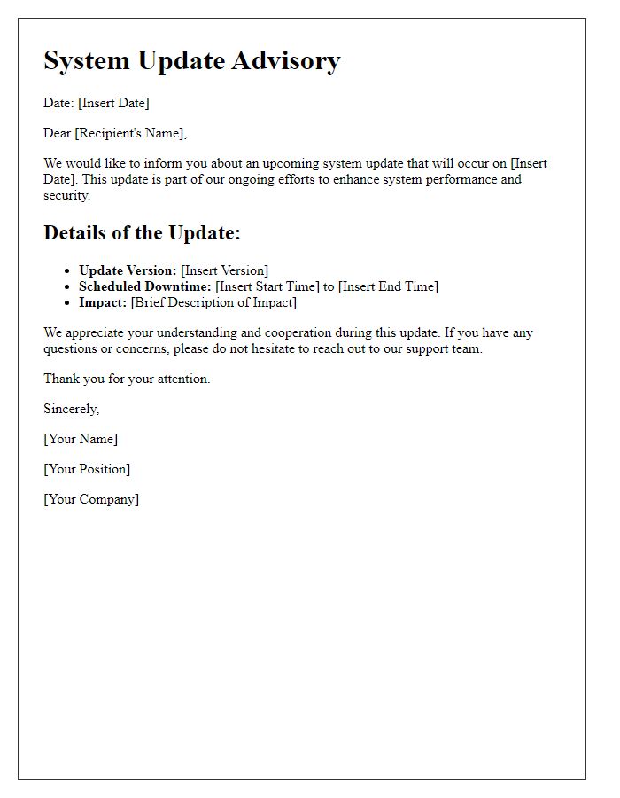 Letter template of System Update Advisory