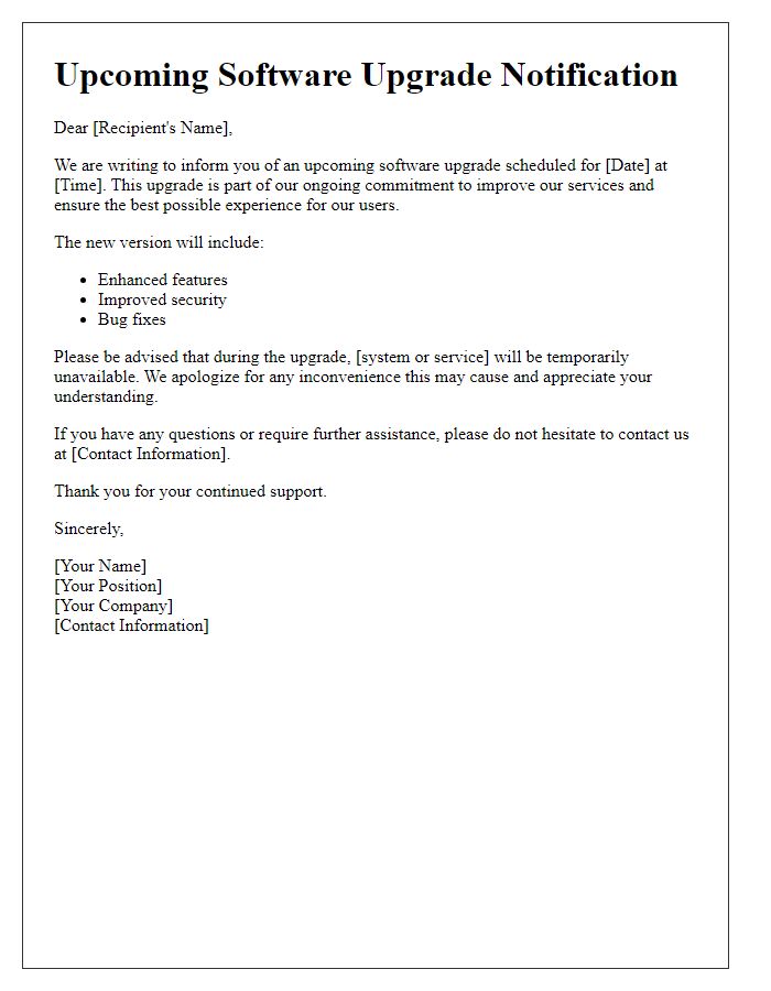 Letter template of Upcoming Software Upgrade Notification