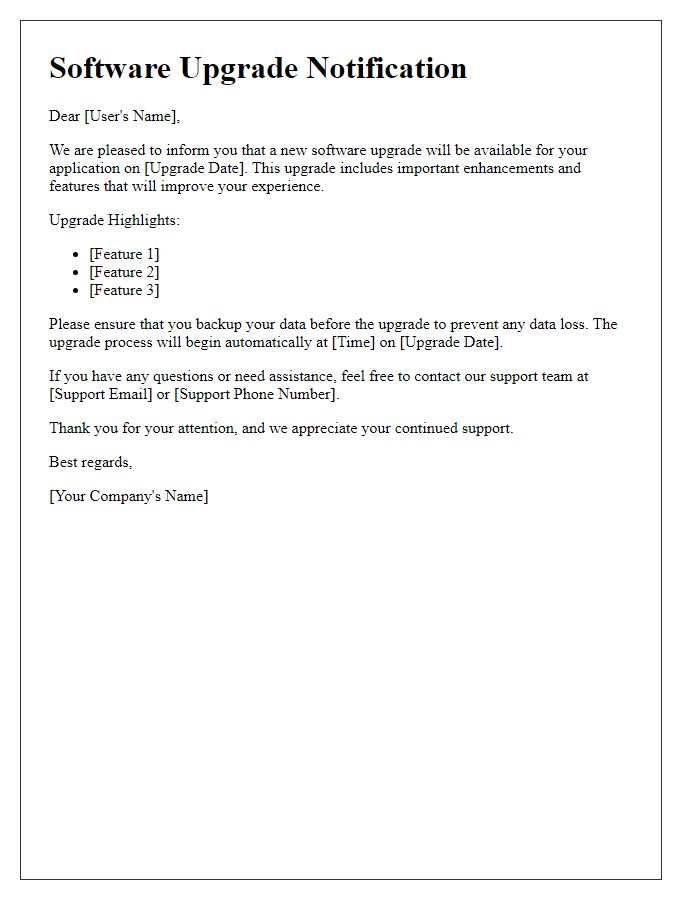 Letter template of User Software Upgrade Notification