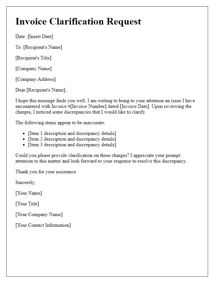 Letter template of clarification regarding inaccurate invoice charges