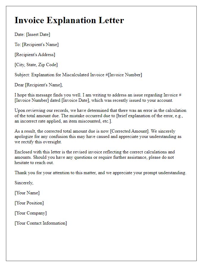 Letter template of explanation for miscalculated invoice