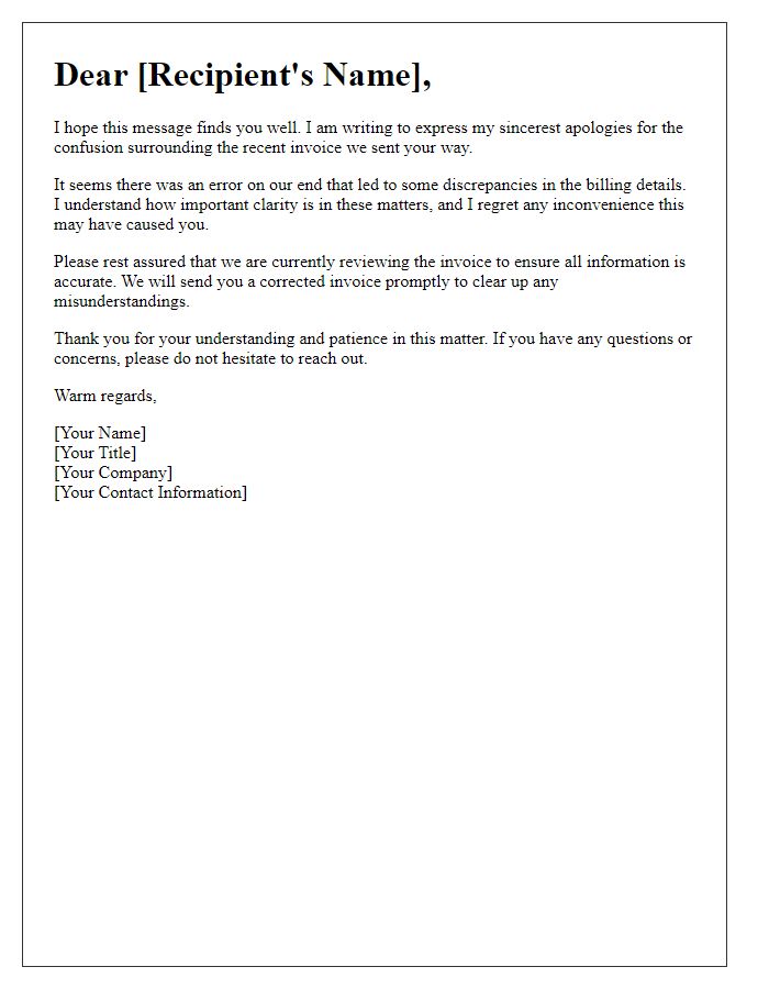 Letter template of friendly apology for invoice confusion