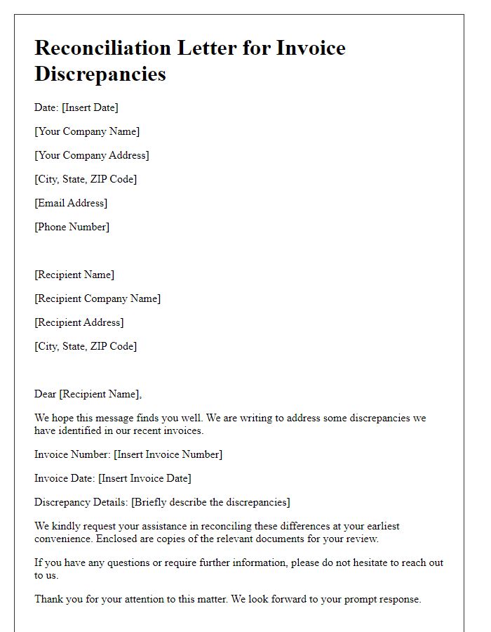 Letter template of reconciliation for invoice discrepancies