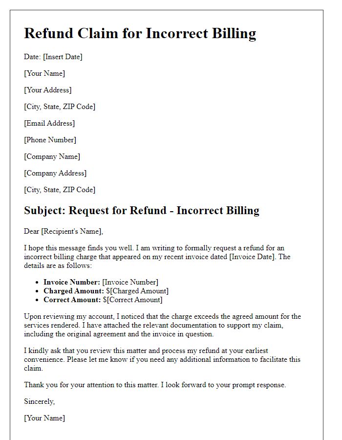 Letter template of refund claim for incorrect billing.