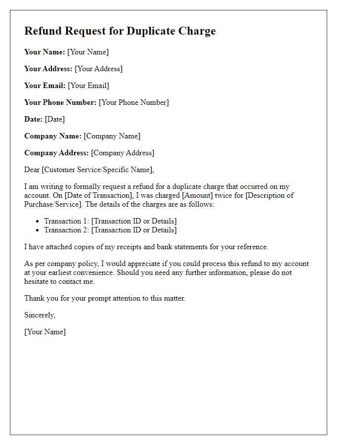 Letter template of refund request for duplicate charge.