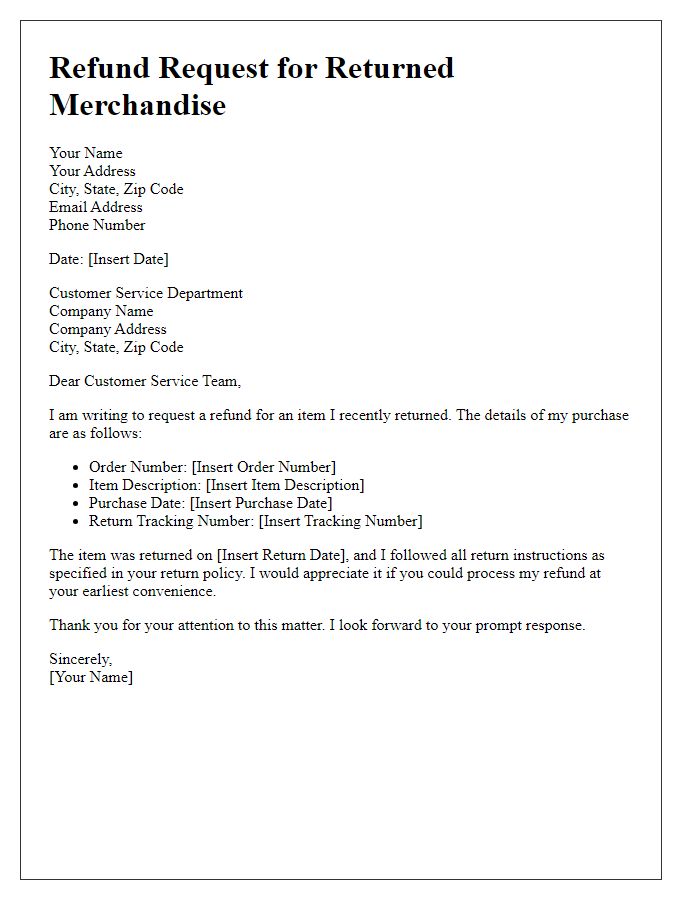 Letter template of refund request for returned merchandise.