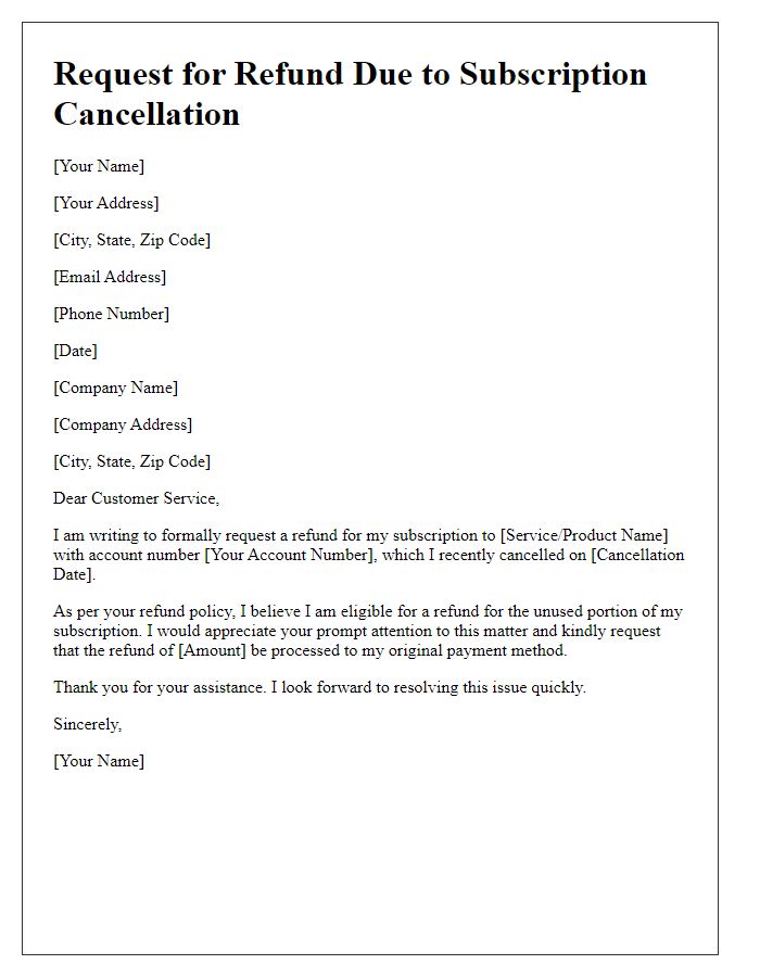 Letter template of refund request for subscription cancelation.