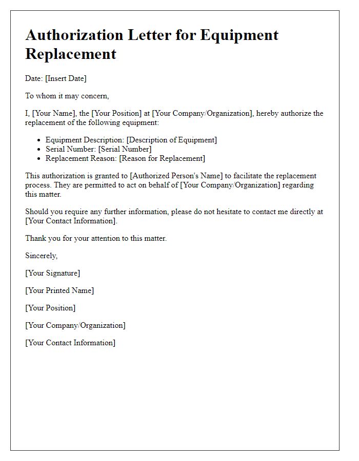 Letter template of authorization for equipment replacement.