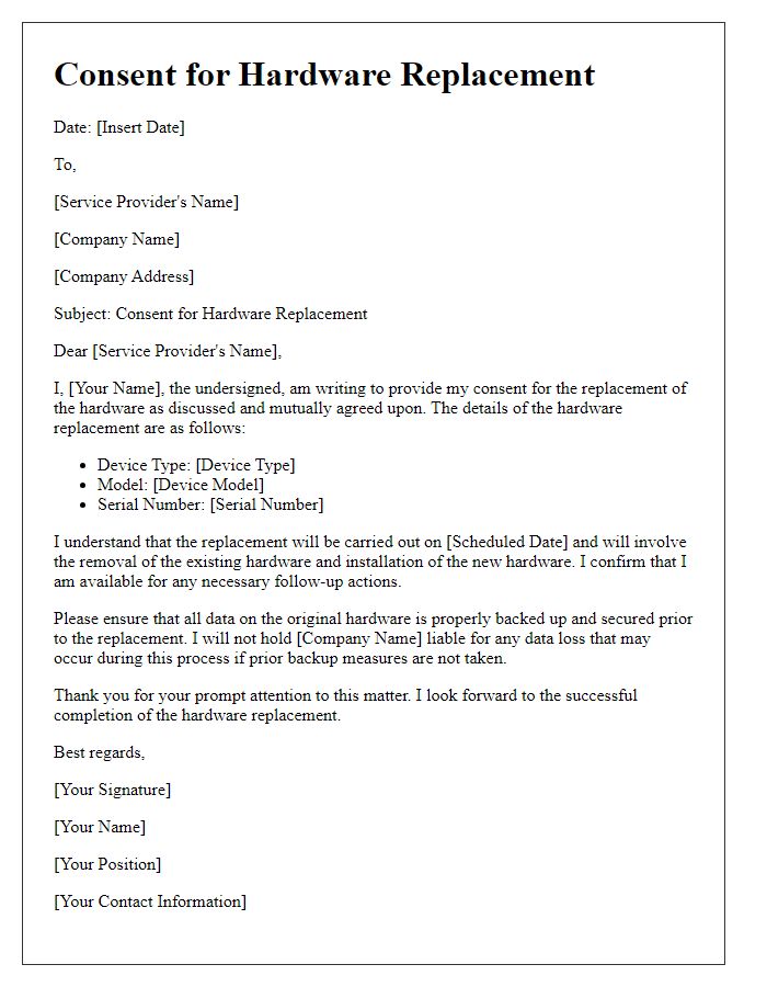 Letter template of consent for hardware replacement.