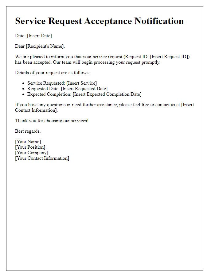 Letter template of service request acceptance notification