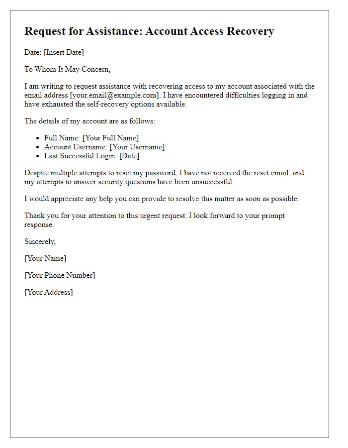 Letter template of assistance needed for account access recovery