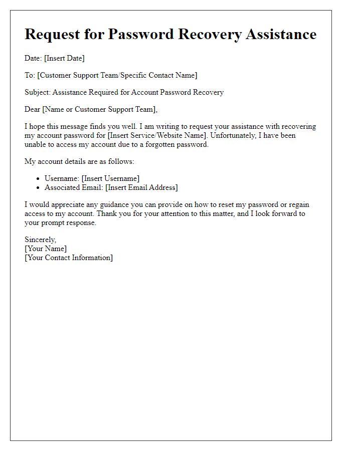 Letter template of assistance request for account password recovery